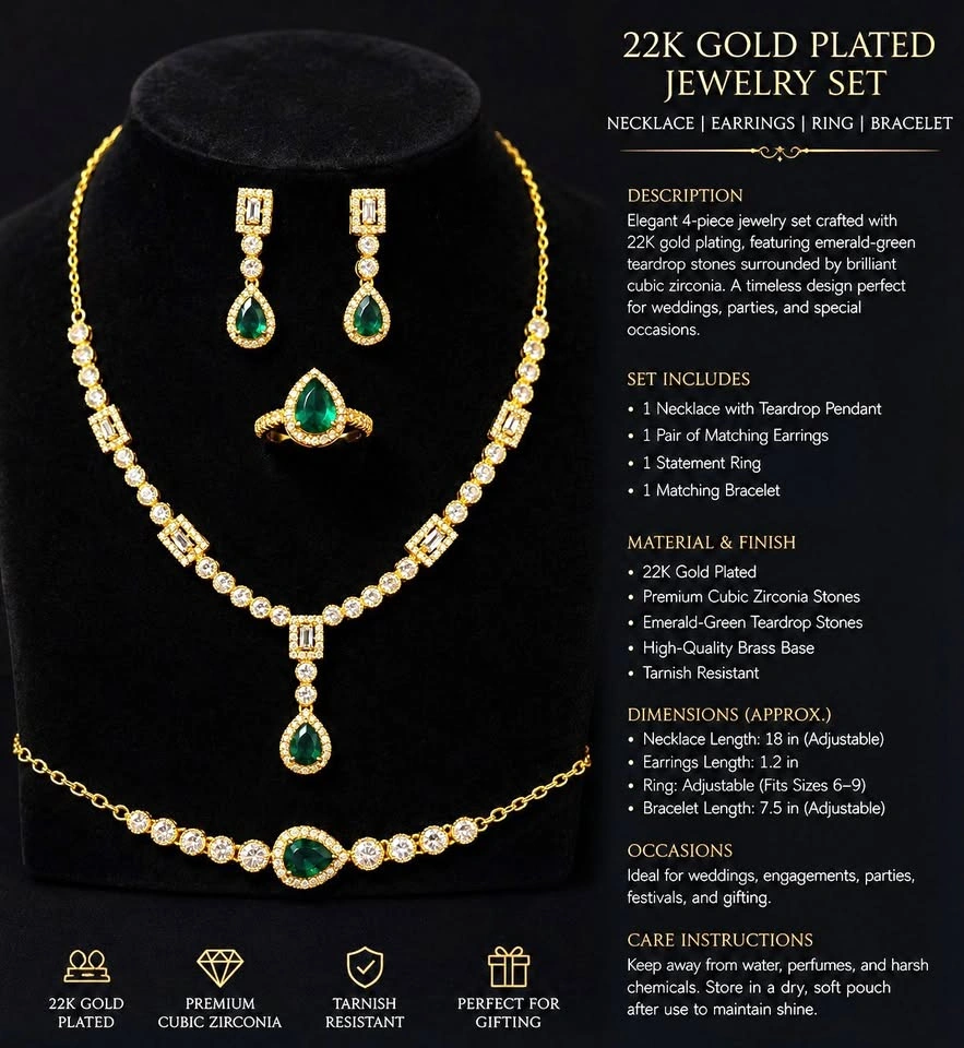 Elegant 22K Gold Plated Jewelry | Emerald Green Bridal Set