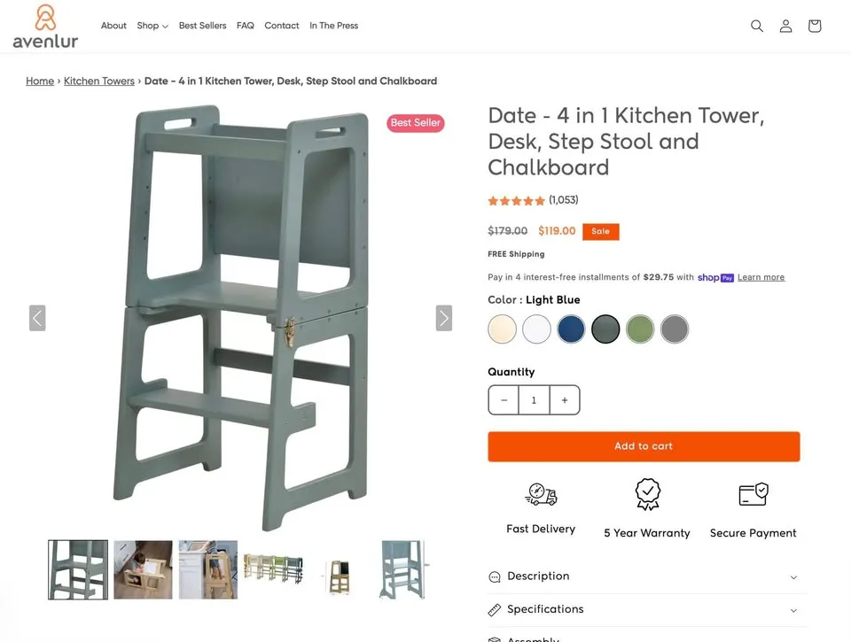 Orig $179 NEW Avenlur 4-in-1 Montessori Kitchen Tower/Desk/Stool image indicator(2)
