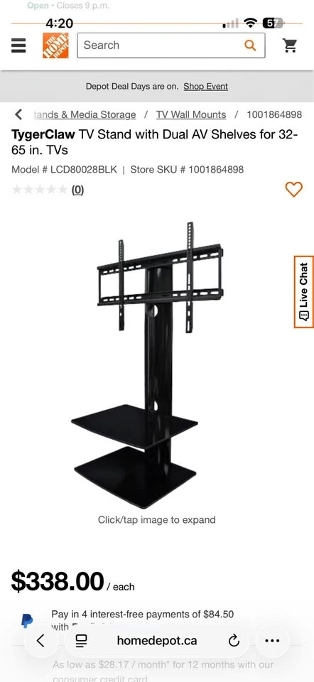 TygerClaw TV Stand with Dual Glass Shelves (32”–65”)