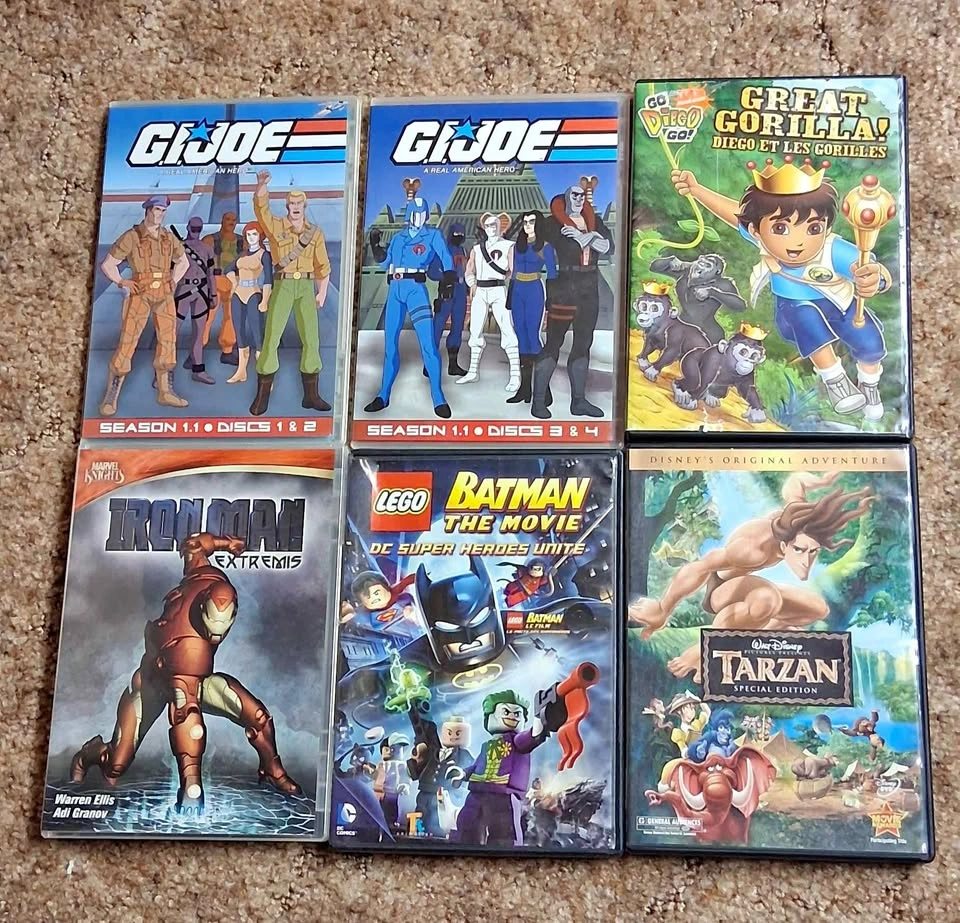 Lot of 6 DVDs: G.I. Joe, LEGO Batman, Iron Man, Tarzan, Diego