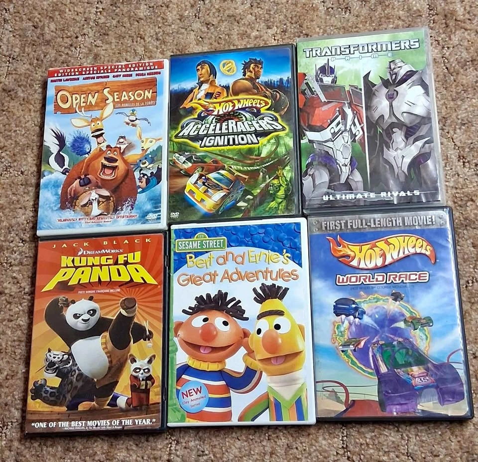 Lot of 6 Kids Animated DVDs - Kung Fu Panda, Hot Wheels, and Mor