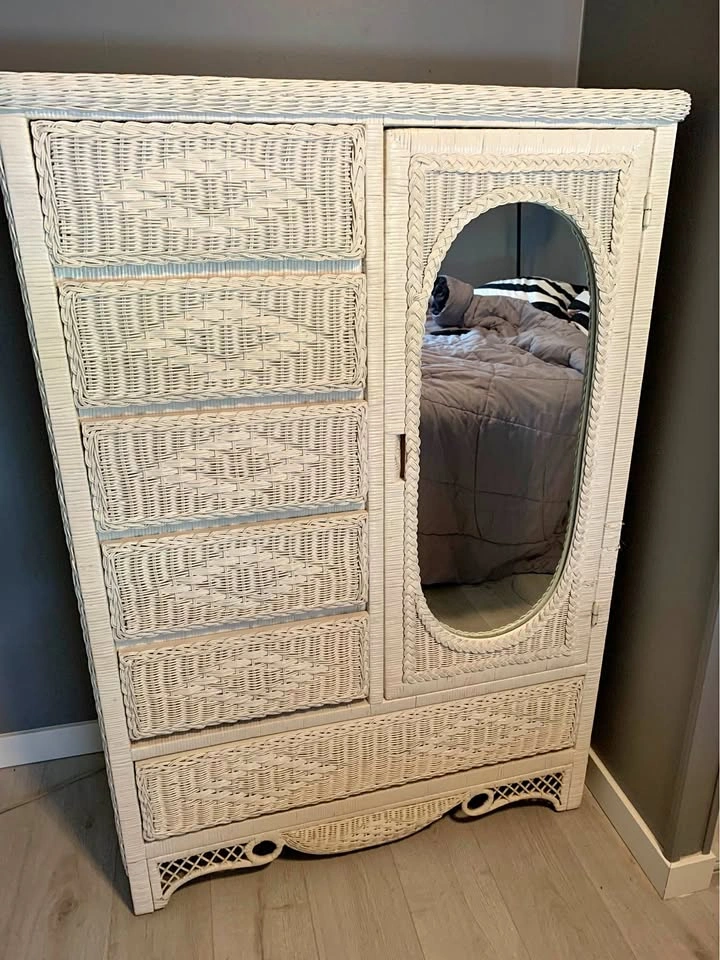 White Wicker/Rattan Dresser/Armoire Mirrored