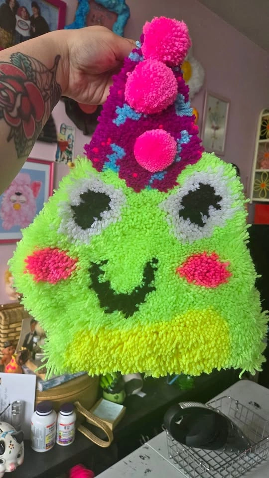 frog in party hat wall tapestry, handmade latchhook rug