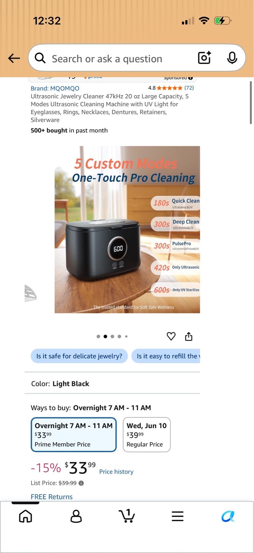 Ultrasonic Jewelry Cleaner 47kHz 20 oz with UV Light - photo 5