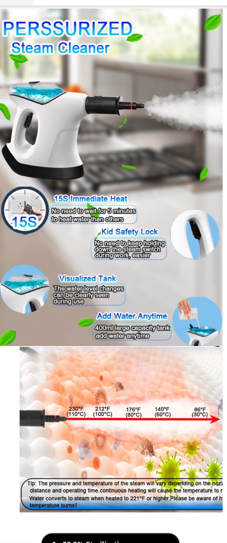 Handheld Steam Cleaner with 9 Accessories & Safety Lock - photo 3