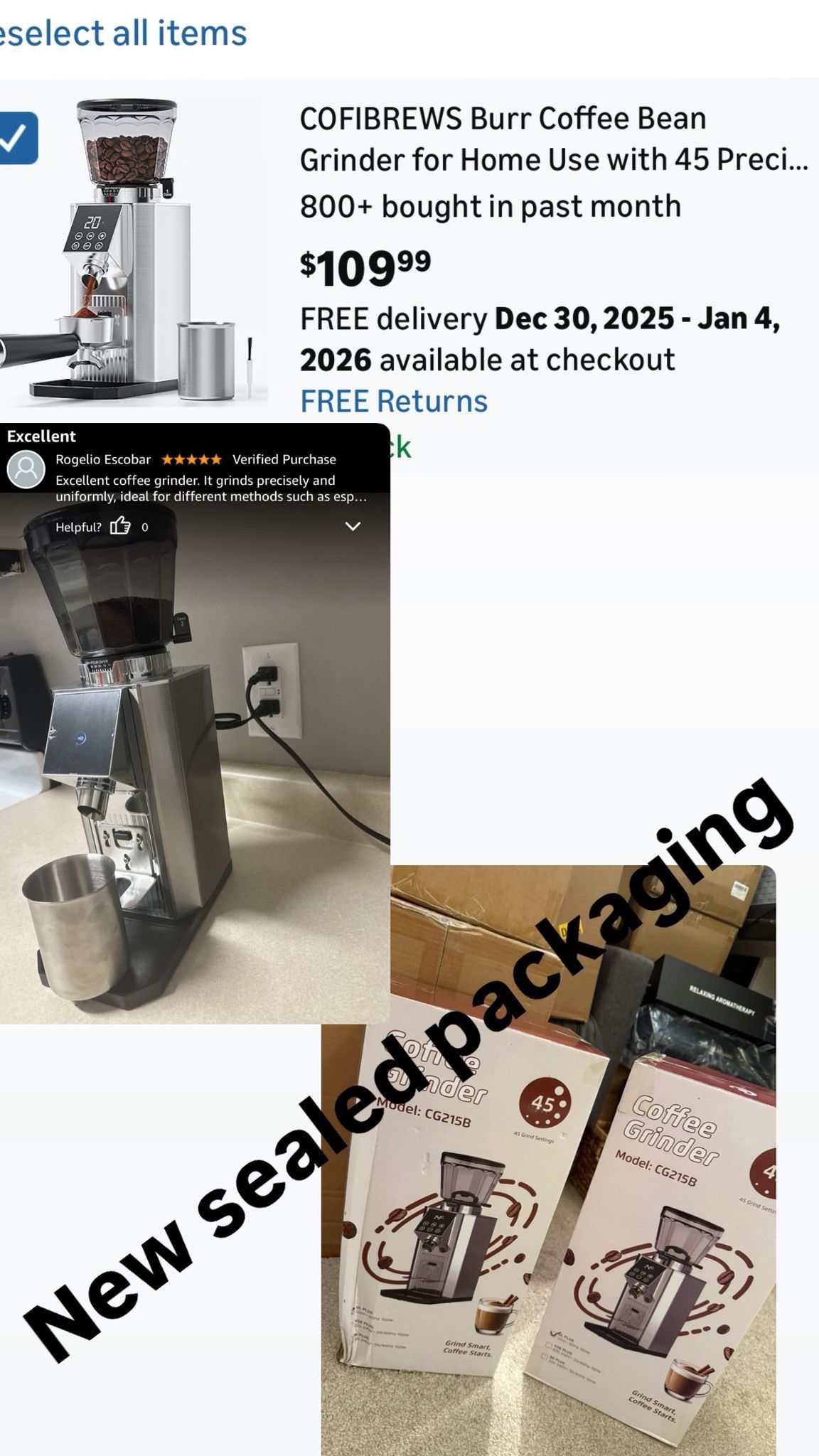 Coffee Bean Grinder with 45 Settings, Espresso Grinder