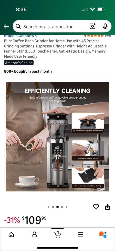 Coffee Bean Grinder with 45 Settings, Espresso Grinder - photo 2