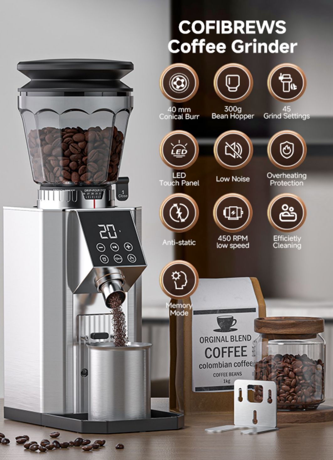 Coffee Bean Grinder with 45 Settings, Espresso Grinder - photo 4