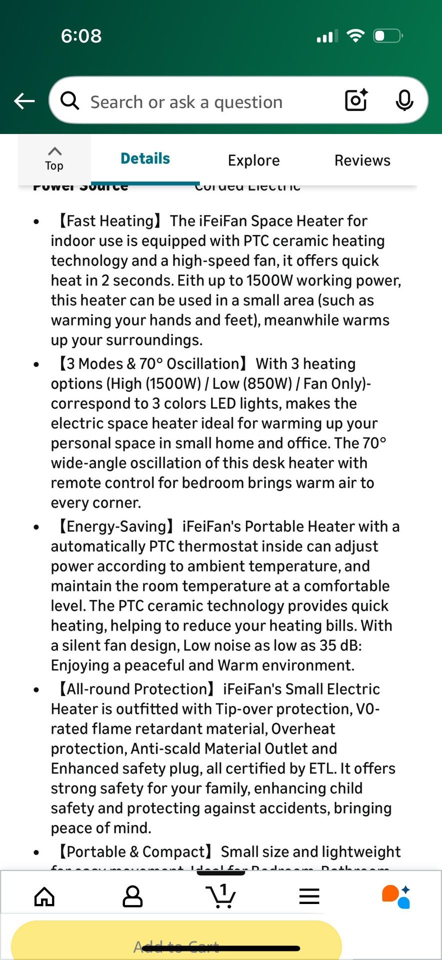 Portable Electric Space Heater with Remote and Oscillation - photo 5