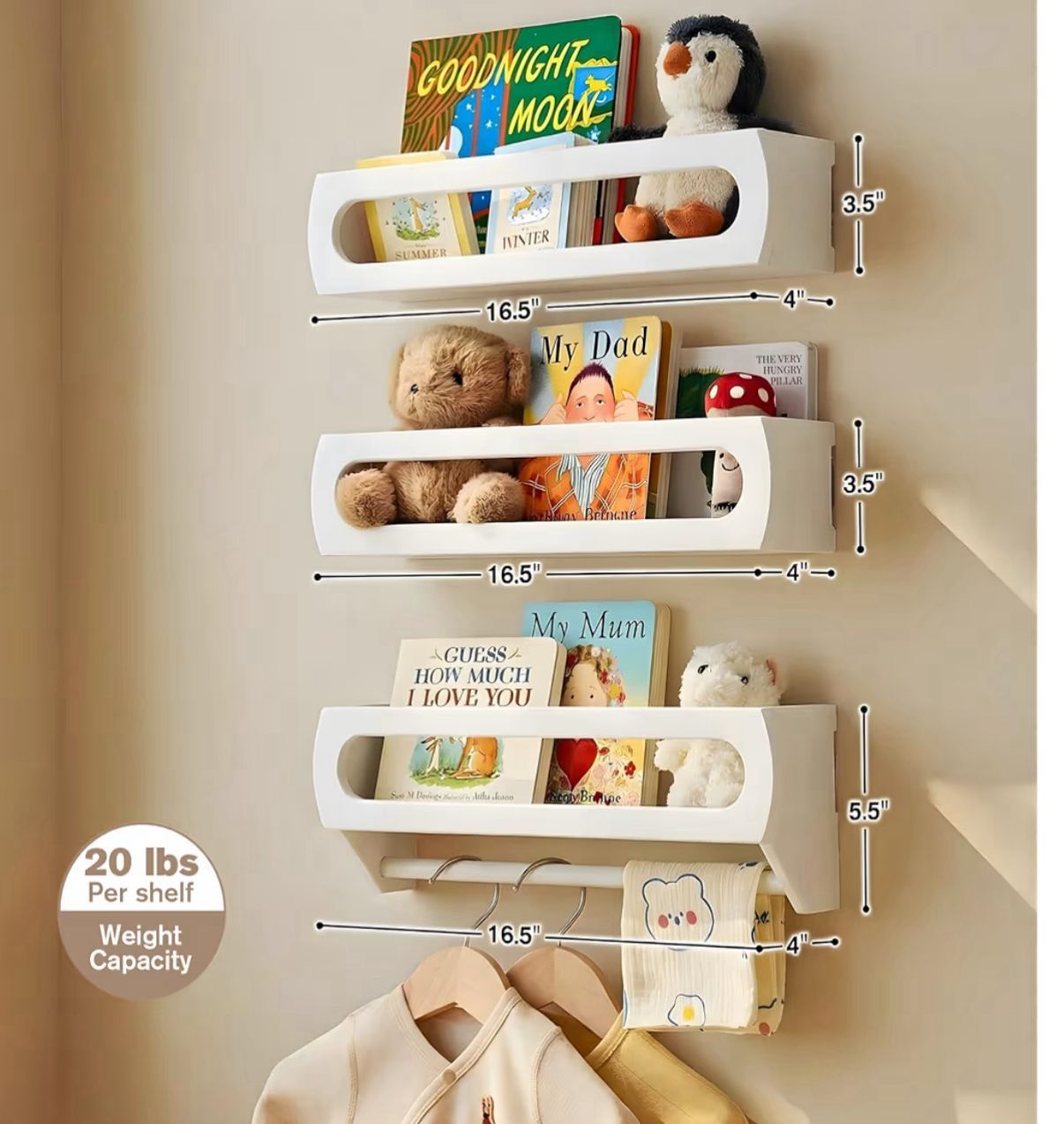 Bamboo White Nursery Floating Book Shelves - Set of 3 - photo 4