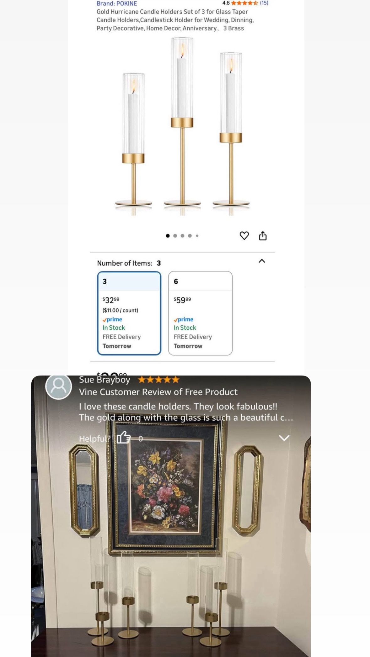 Set of 6 Gold Taper Candle Holders with Glass Chimneys - photo 2