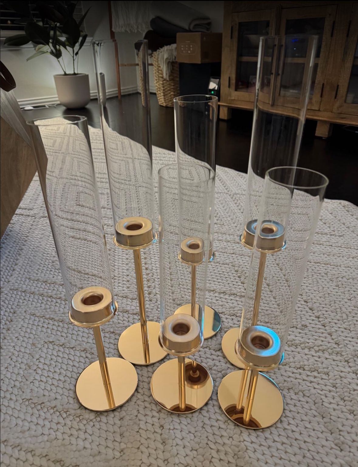 Set of 6 Gold Taper Candle Holders with Glass Chimneys - photo 4