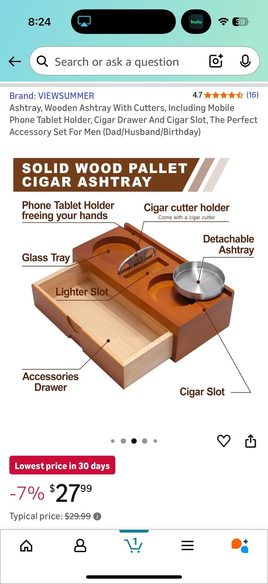 Wooden Cigar Ashtray with Cutters and Phone/Tablet Holder - photo 3