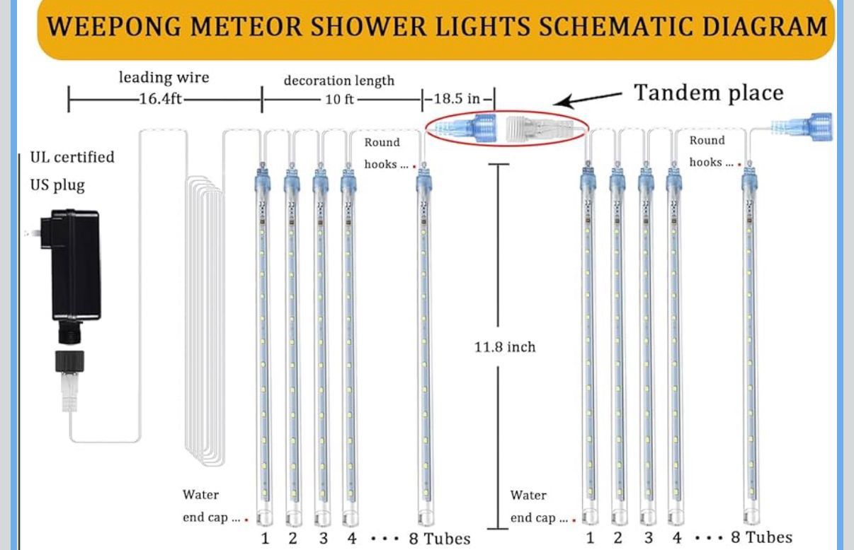 LED Meteor Shower Rain Lights 12 Inch 8 Tubes Waterproof - photo 2