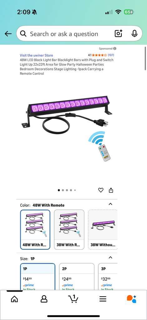 Black Light Bar with Remote and Switch, 6.5ft Cord, 1 Pack