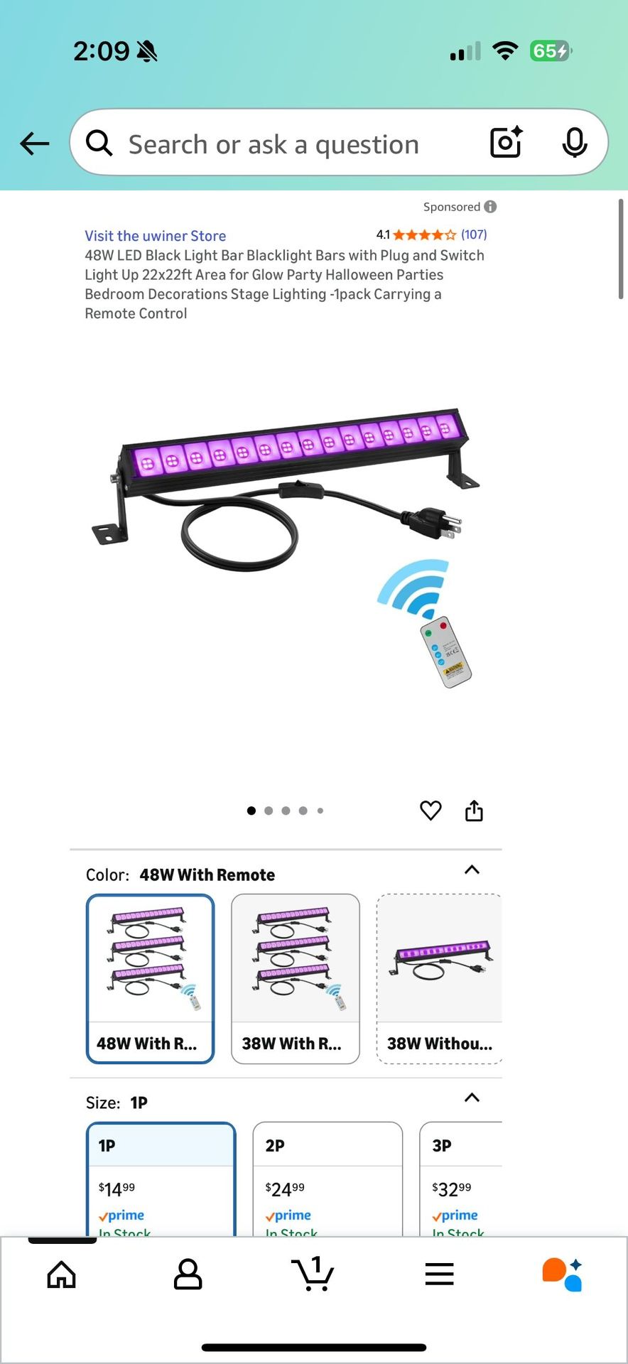 Black Light Bar with Remote and Switch, 6.5ft Cord, 1 Pack - photo 5