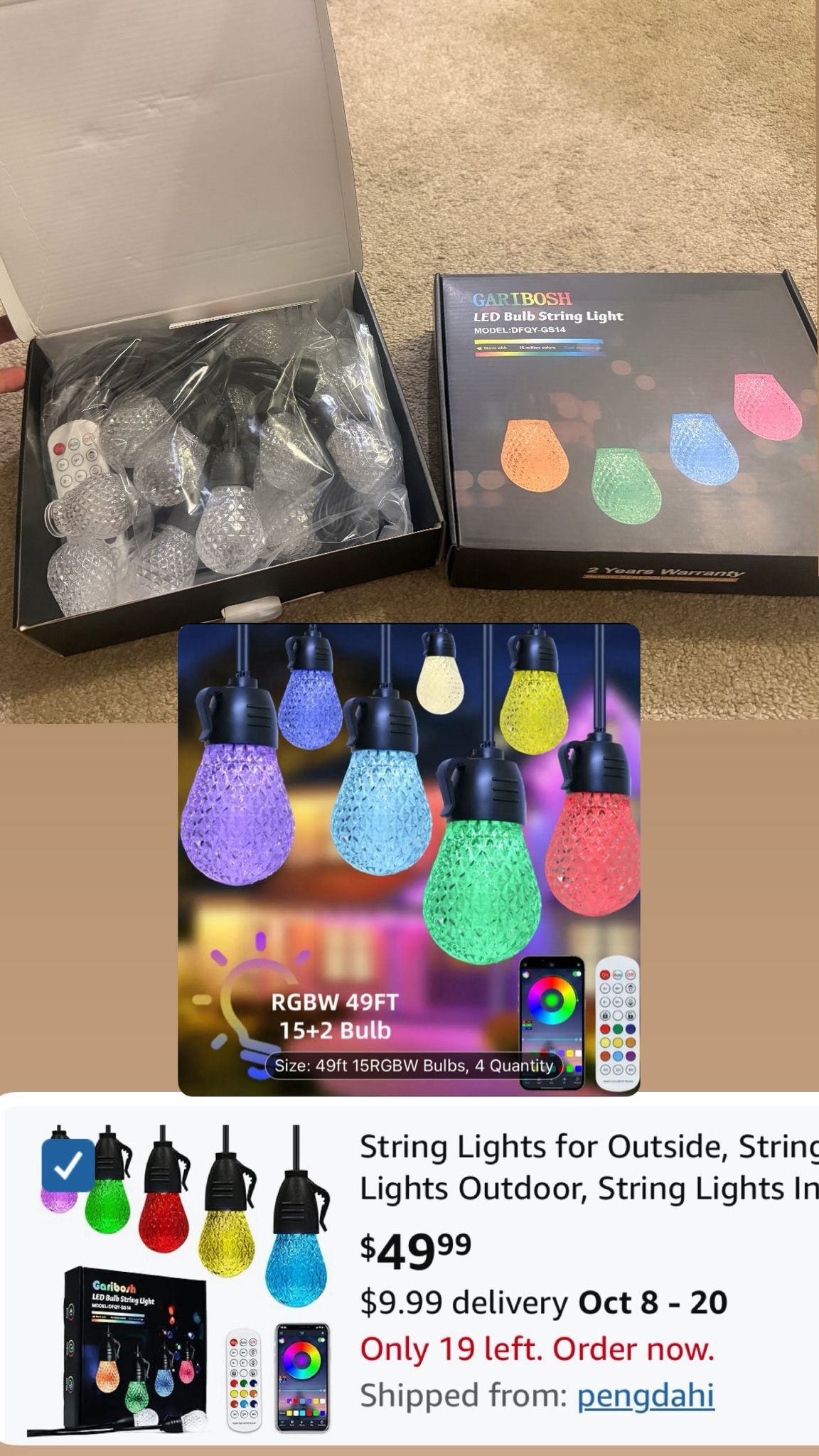 50ft Color Changing Outdoor String Lights - Remote & App