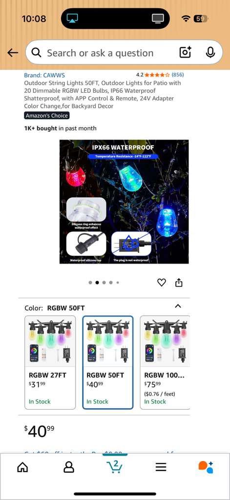 50ft Color Changing Outdoor String Lights - Remote & App - photo 5