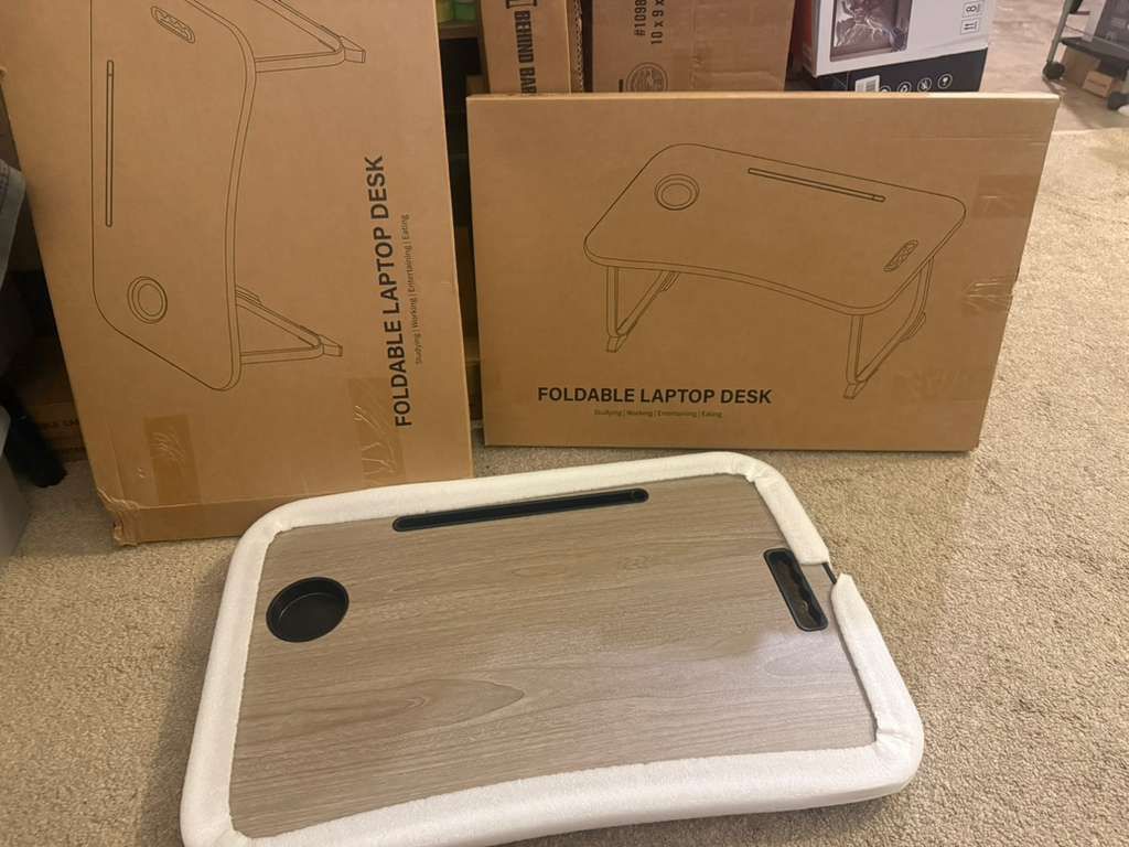 Foldable Lap Desk with Cup Holder & Tablet Slot - Gray Wood