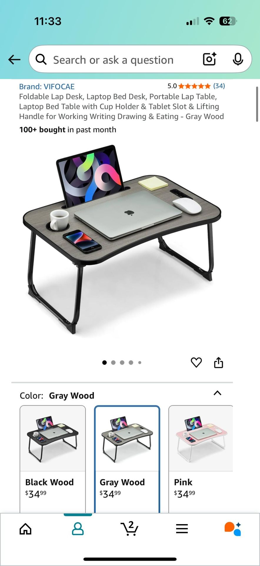 Foldable Lap Desk with Cup Holder & Tablet Slot - Gray Wood - photo 4