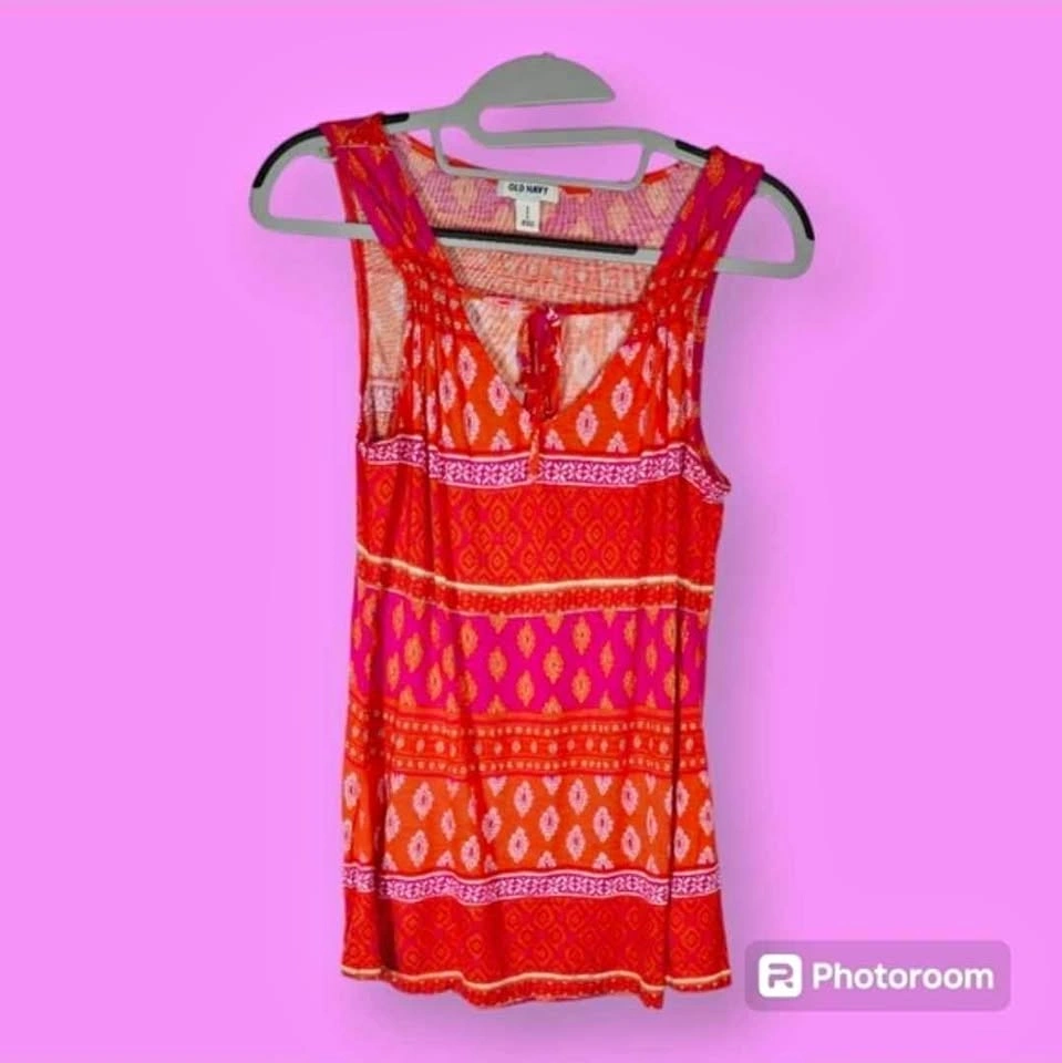Old Navy Orange & Pink Ikat Print Tassle Tie-Up Sleeveless Top