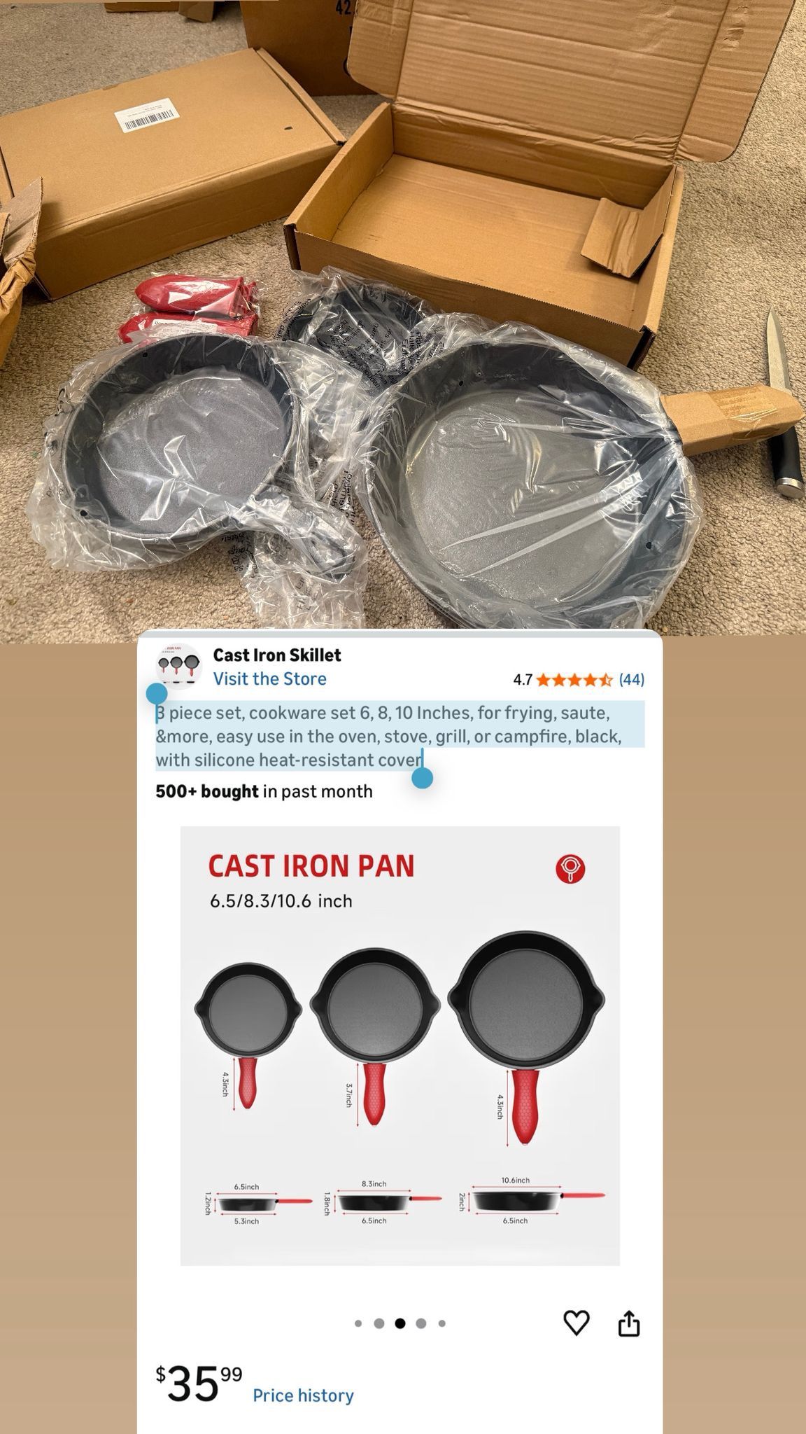 3 Piece Cookware Set 6, 8, 10 Inch with Silicone Handles - photo 2