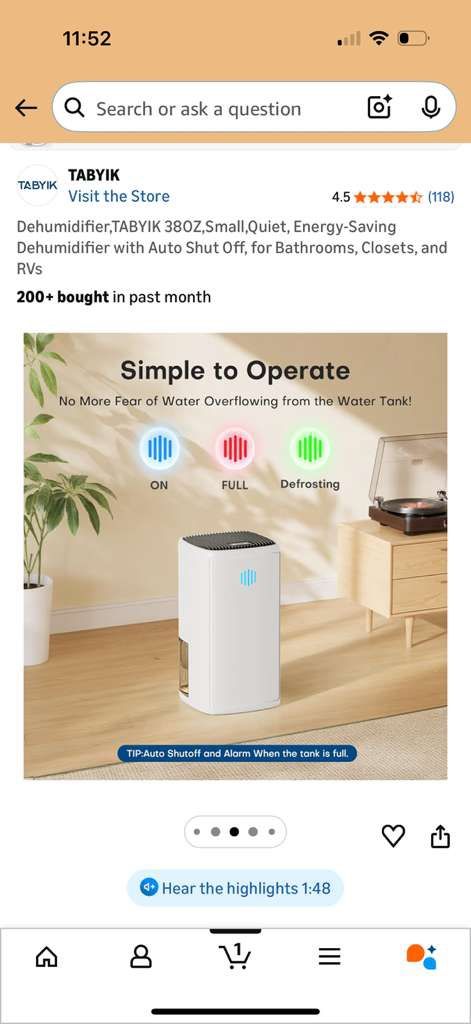 300 SQ Ft Dehumidifier 38OZ, Small, Quiet, Auto Shut Off - photo 5