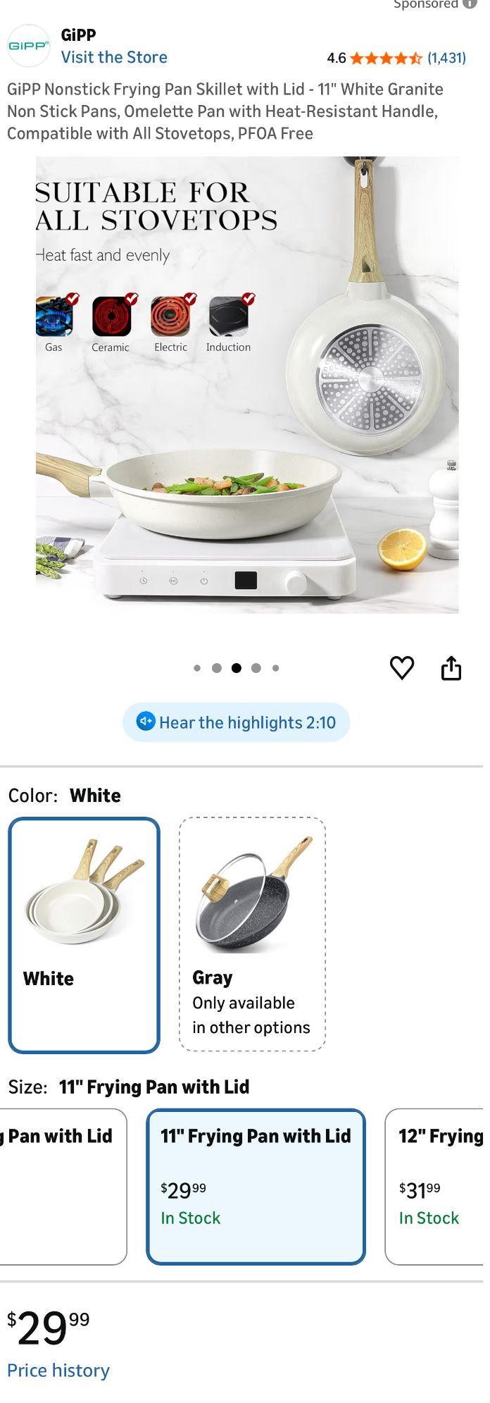 11" White Granite Nonstick Frying Pan Skillet with Lid - photo 5