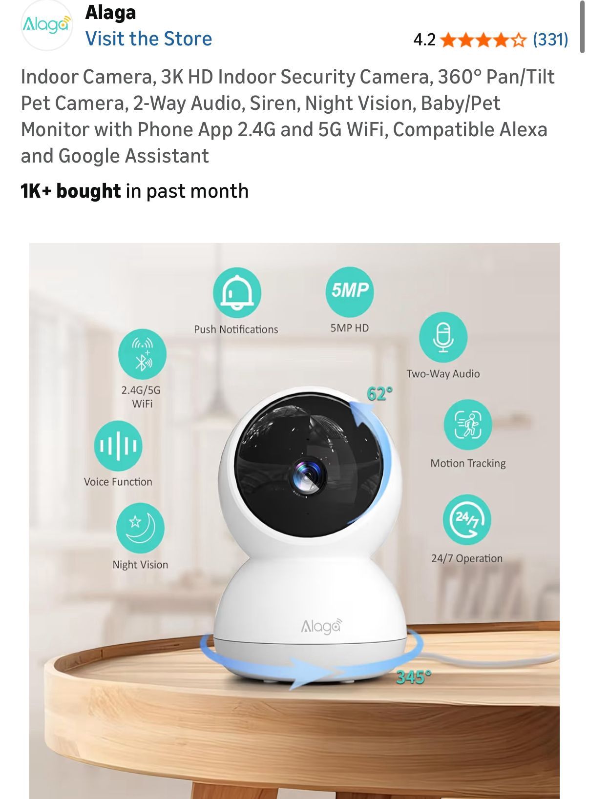 2K Indoor Security Camera, Baby/Pet Monitor, 360° Pan/Tilt - photo 4