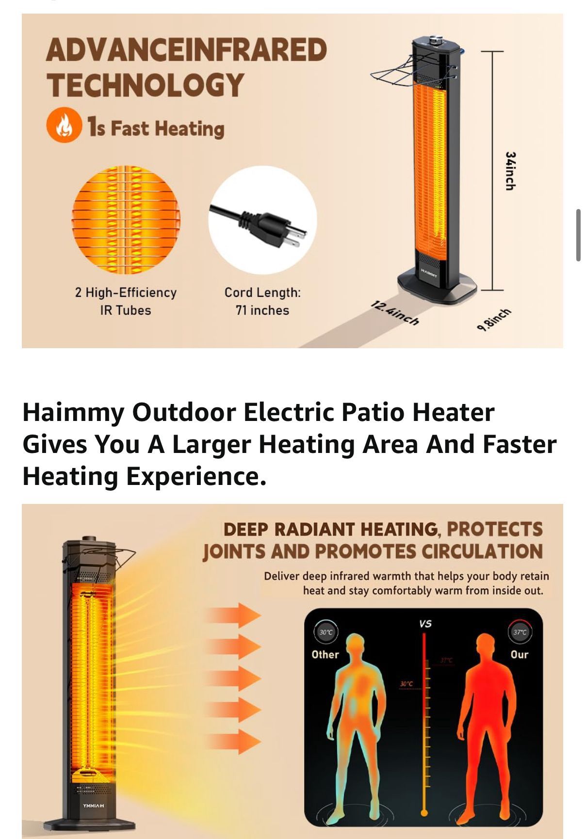 Haimmy 34-inch Outdoor Electric Patio Heater 1500W - photo 4