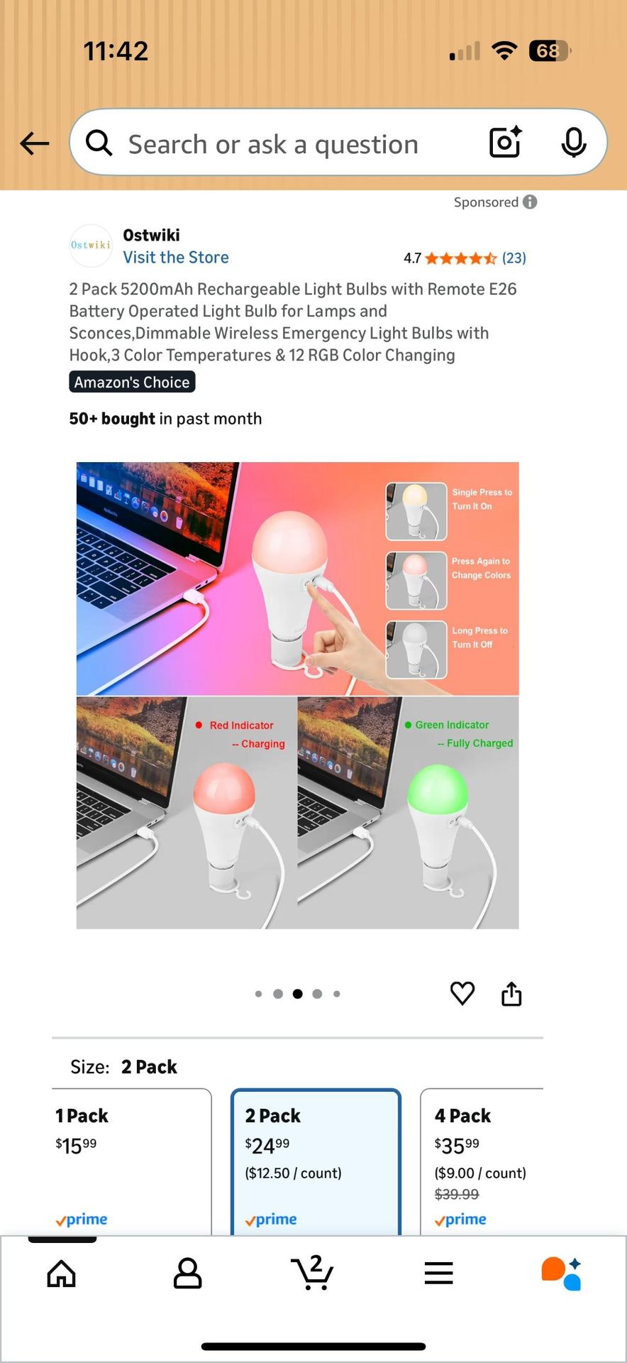 2 Pack 5200mAh Rechargeable Remote Control Light Bulbs - photo 5