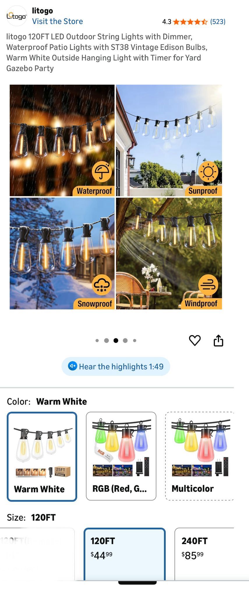 120FT LED Outdoor String Lights with Dimmer and Timer - photo 4