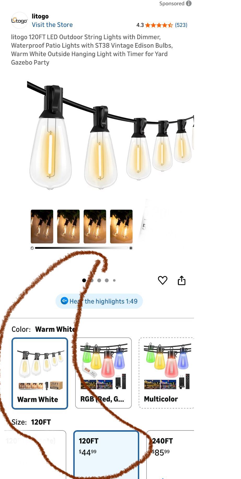 120FT LED Outdoor String Lights with Dimmer and Timer - photo 5