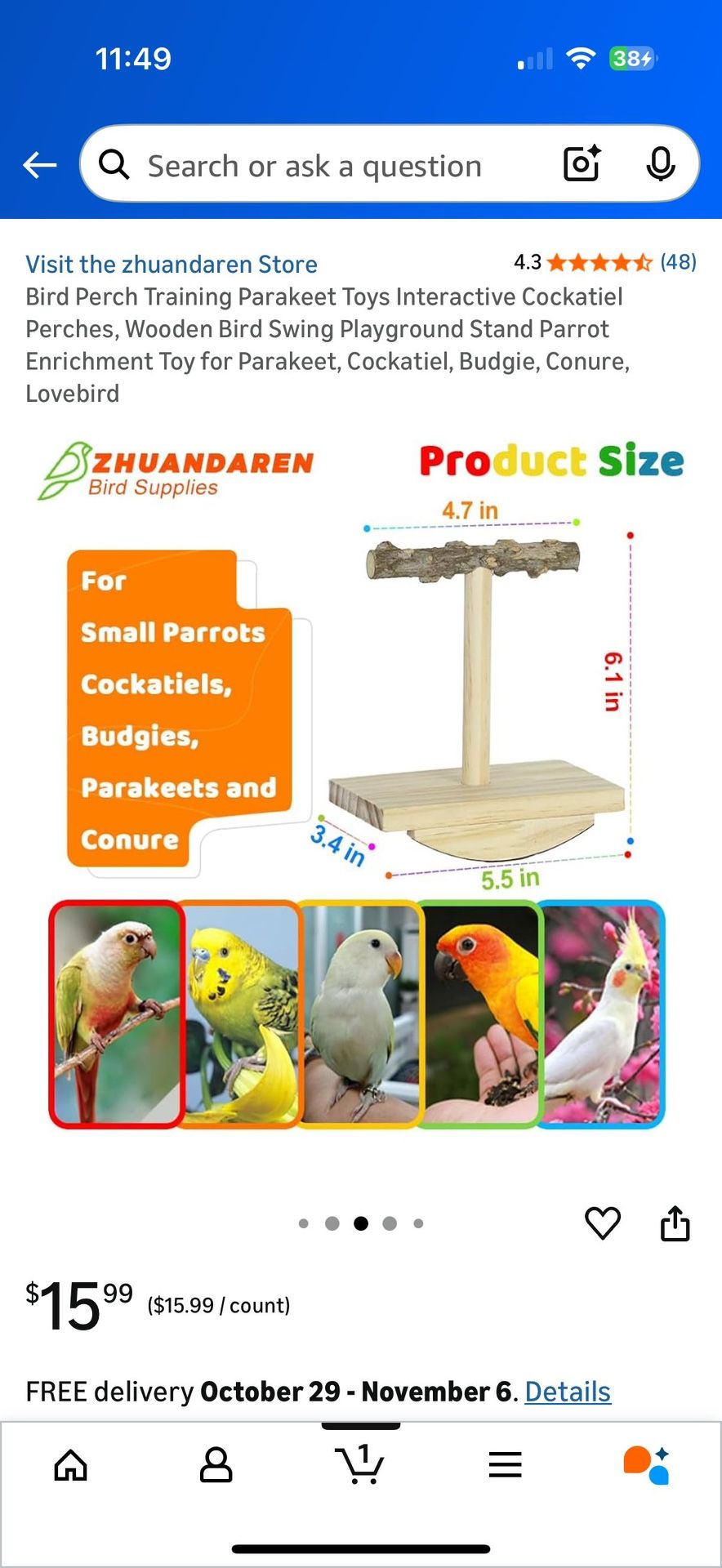 Bird Perch Rocking Toy, Natural Wood Parrot Tumbler Toy - photo 4