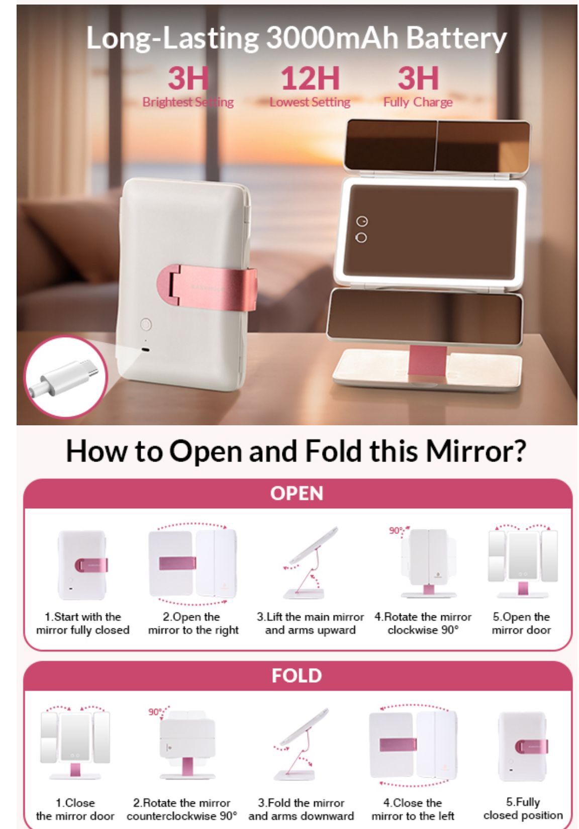 Foldable Tri-Fold Lighted Makeup Vanity Mirror with 60 LEDs - photo 3