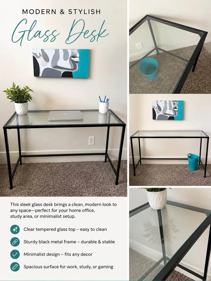 Glass desk with black metal frame
