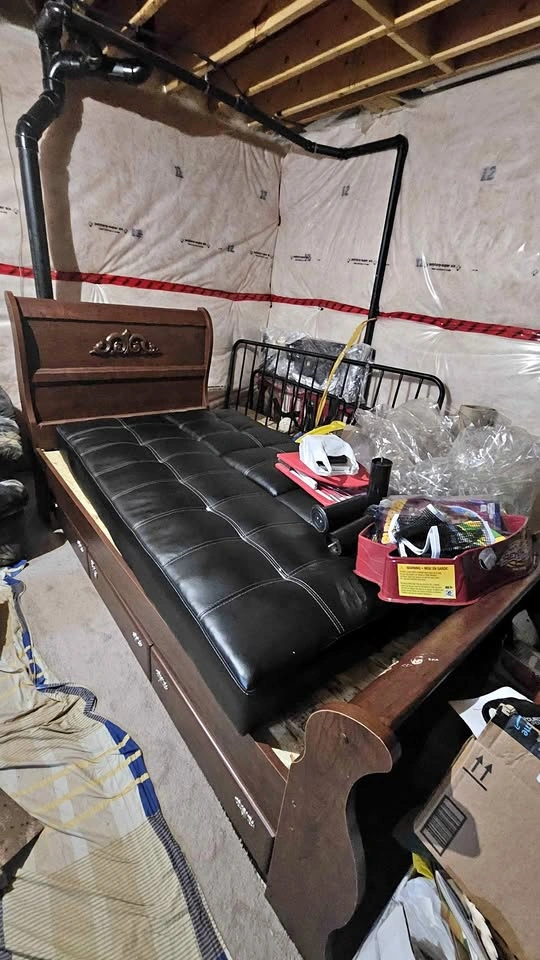 Wooden Sleigh Bed Frame with Storage and Black Futon Mattress