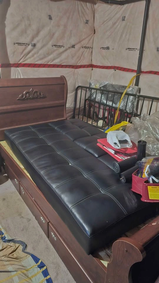 Wooden Sleigh Bed Frame with Storage and Black Futon Mattress - photo 2