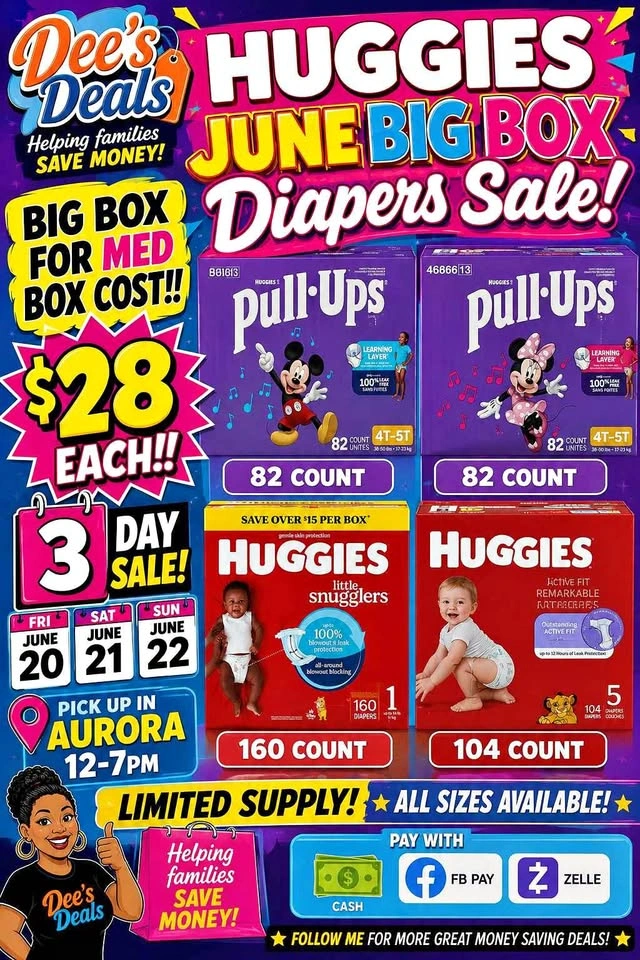 June big box sale. Big box Huggies for small box price!! $28