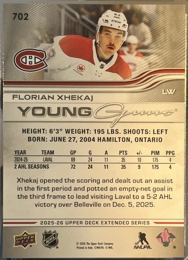FLORIAN XHEKAJ YGs #702 Montréal Canadiens|25-26 UD Ext. Series - photo 3