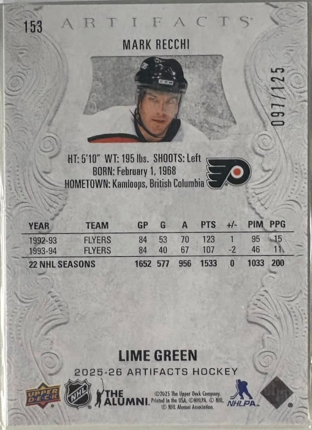 Mark Recchi-Lime Green-097/125 - 2025-26 UD Artifacts - photo 3