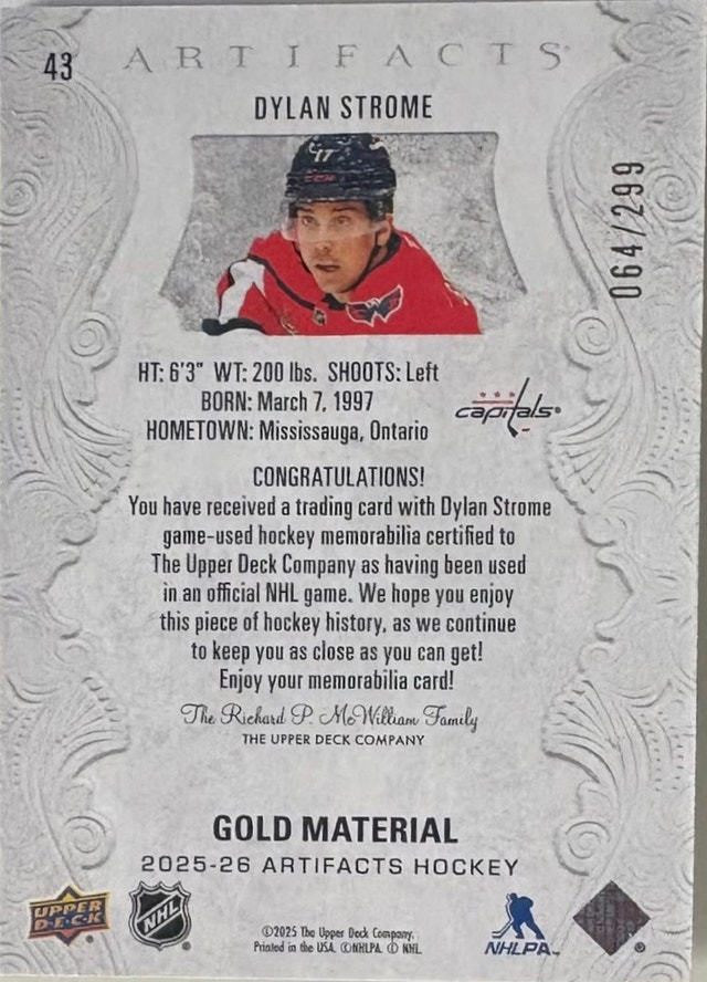 Dylan Strome 2025-26 Upper Deck Artifacts Gold Material - photo 3