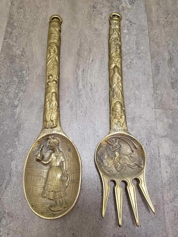 Vintage Oversized Brass Argentine Utensils Fork and Spoon