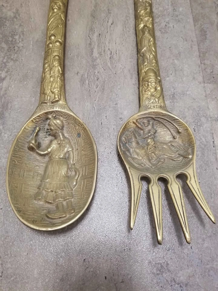 Vintage Oversized Brass Argentine Utensils Fork and Spoon - photo 4
