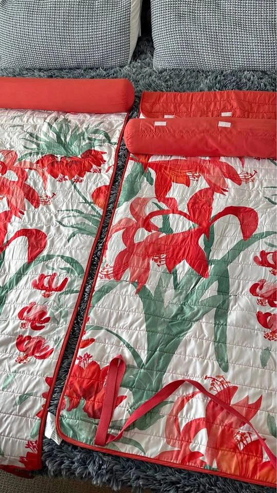 Red Floral Quilted Mats and Bolster Pillows Set