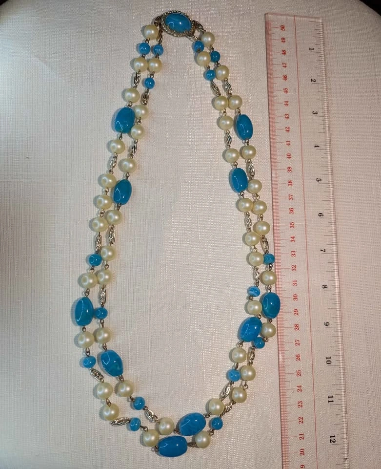 Vintage Retro BOHO Aqua Glass & Faux Pearl Beaded Necklace - photo 2