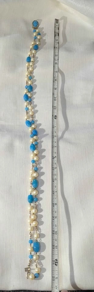 Vintage Retro BOHO Aqua Glass & Faux Pearl Beaded Necklace - photo 3
