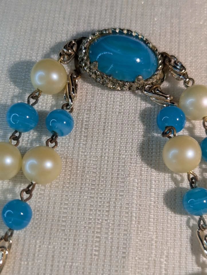 Vintage Retro BOHO Aqua Glass & Faux Pearl Beaded Necklace - photo 5