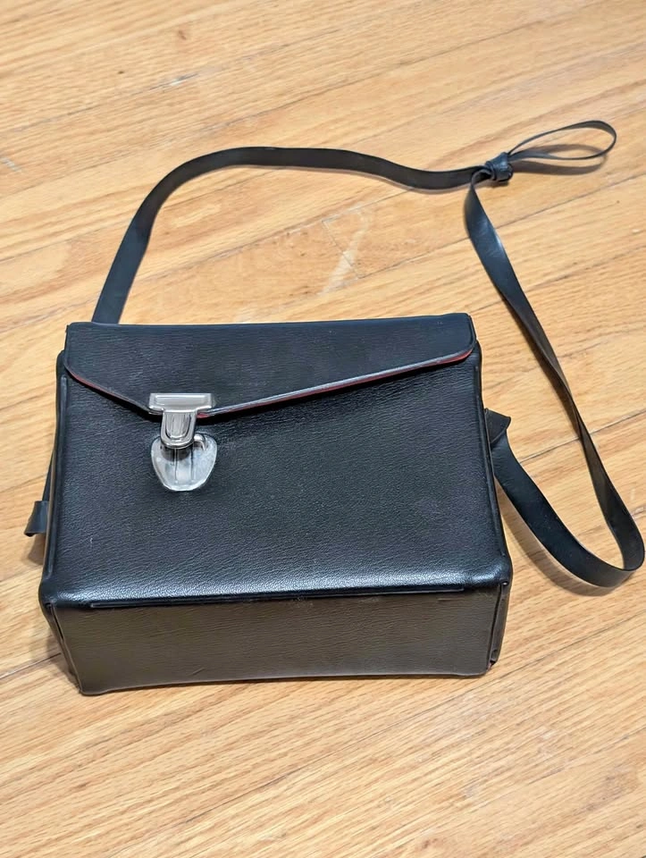 Vintage Black Faux Leather Camera Bag with Red Interior