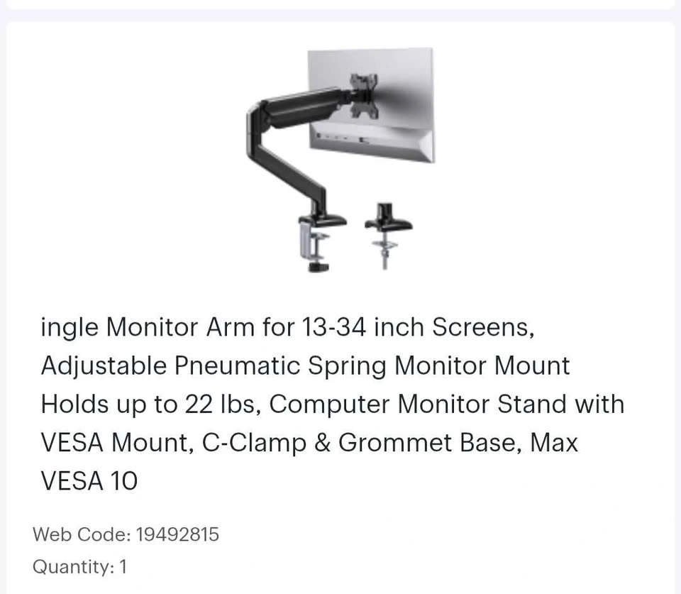 🖥️ Single Monitor Desk Mount Arm (13-34" Screens) - Like New - photo 2